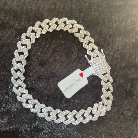 Silver Cuban .925 Link Chain Bracelet zirconia Plata ley...